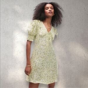 Topshop NWOT Ruched Mini Dress Size 12 Yellow Tie Detail Puff Sleeve Viscose